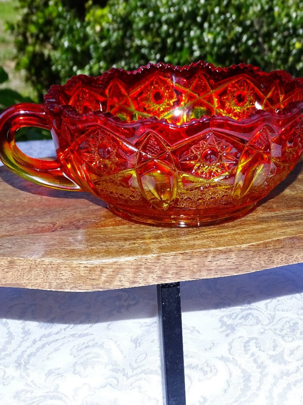 VintageStunning Handled Amberina Cut Glass Bowl 5 1/2' x 2 1/2"